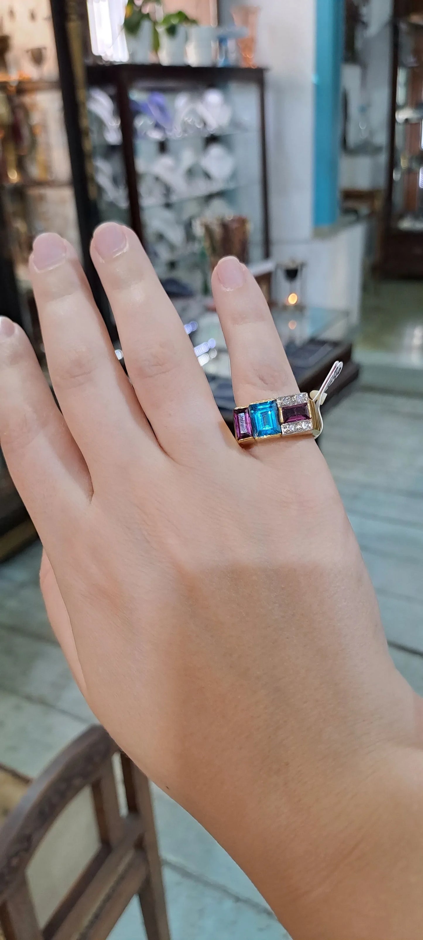 Ring in 18k Gold with Bleu Topaz 35c Tourmalines 35c and Brilliants 0.05 c. (B-72) - Dinos-Virginia