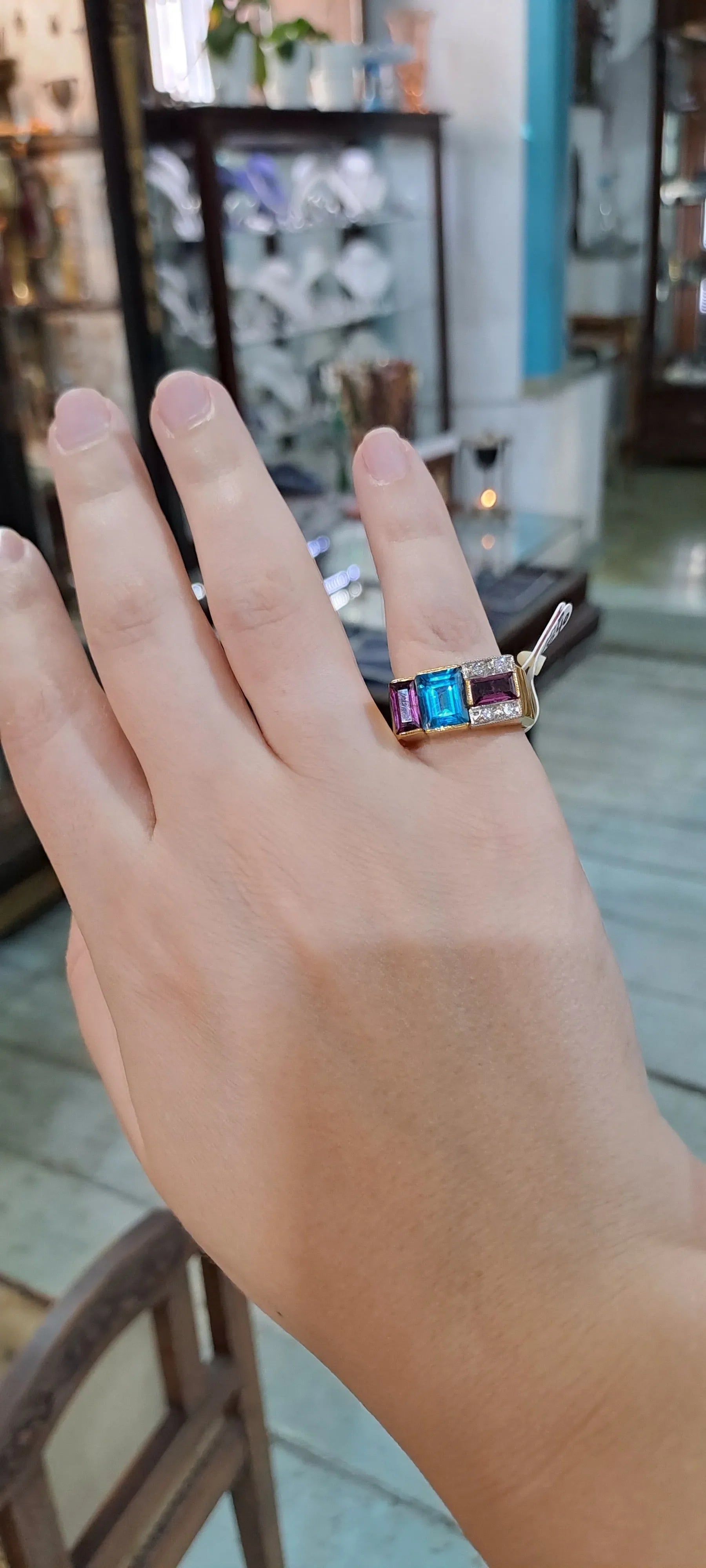 Ring in 18k Gold with Bleu Topaz 35c Tourmalines 35c and Brilliants 0.05 c. (B-72) - Dinos-Virginia