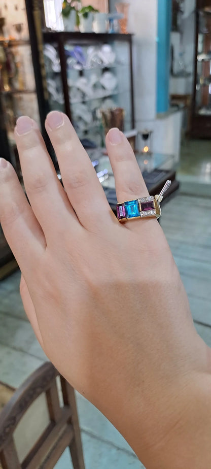 Ring in 18k Gold with Bleu Topaz 35c Tourmalines 35c and Brilliants 0.05 c. (B-72) - Dinos-Virginia