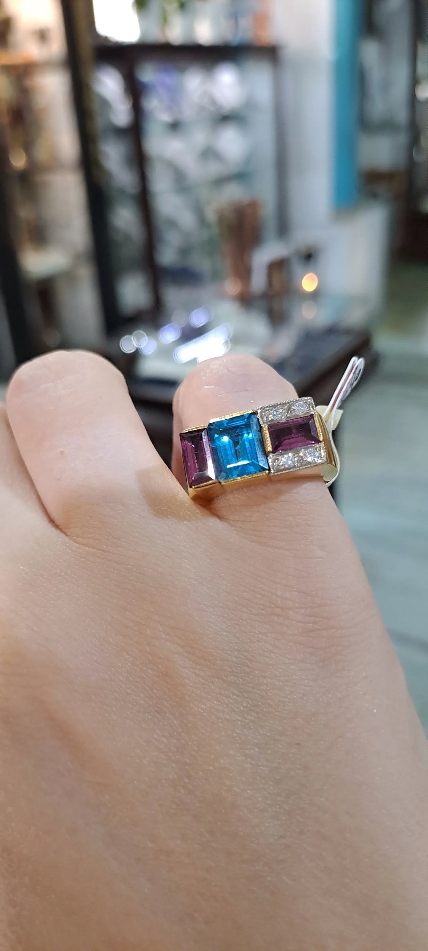 Ring in 18k Gold with Bleu Topaz 35c Tourmalines 35c and Brilliants 0.05 c. (B-72) - Dinos-Virginia