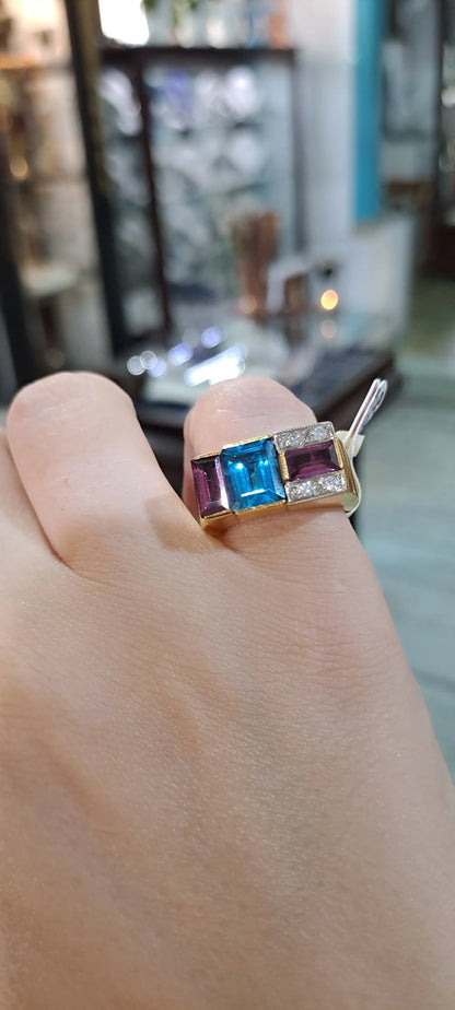 Ring in 18k Gold with Bleu Topaz 35c Tourmalines 35c and Brilliants 0.05 c. (B-72) - Dinos-Virginia