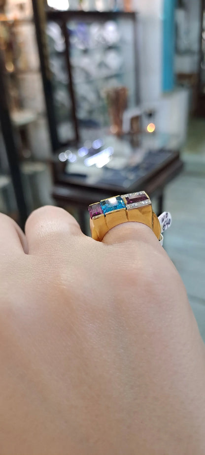 Ring in 18k Gold with Bleu Topaz 35c Tourmalines 35c and Brilliants 0.05 c. (B-72) - Dinos-Virginia