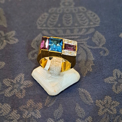Ring in 18k Gold with Bleu Topaz 35c Tourmalines 35c and Brilliants 0.05 c. (B-72) - Dinos-Virginia