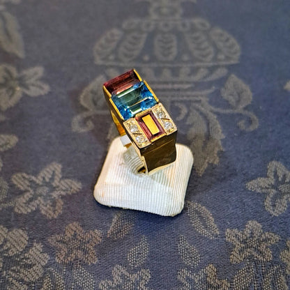 Ring in 18k Gold with Bleu Topaz 35c Tourmalines 35c and Brilliants 0.05 c. (B-72) - Dinos-Virginia