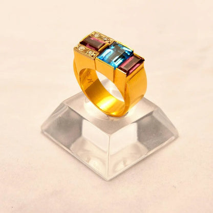 Ring in 18k Gold with Bleu Topaz 35c Tourmalines 35c and Brilliants 0.05 c. (B-72) - Dinos-Virginia