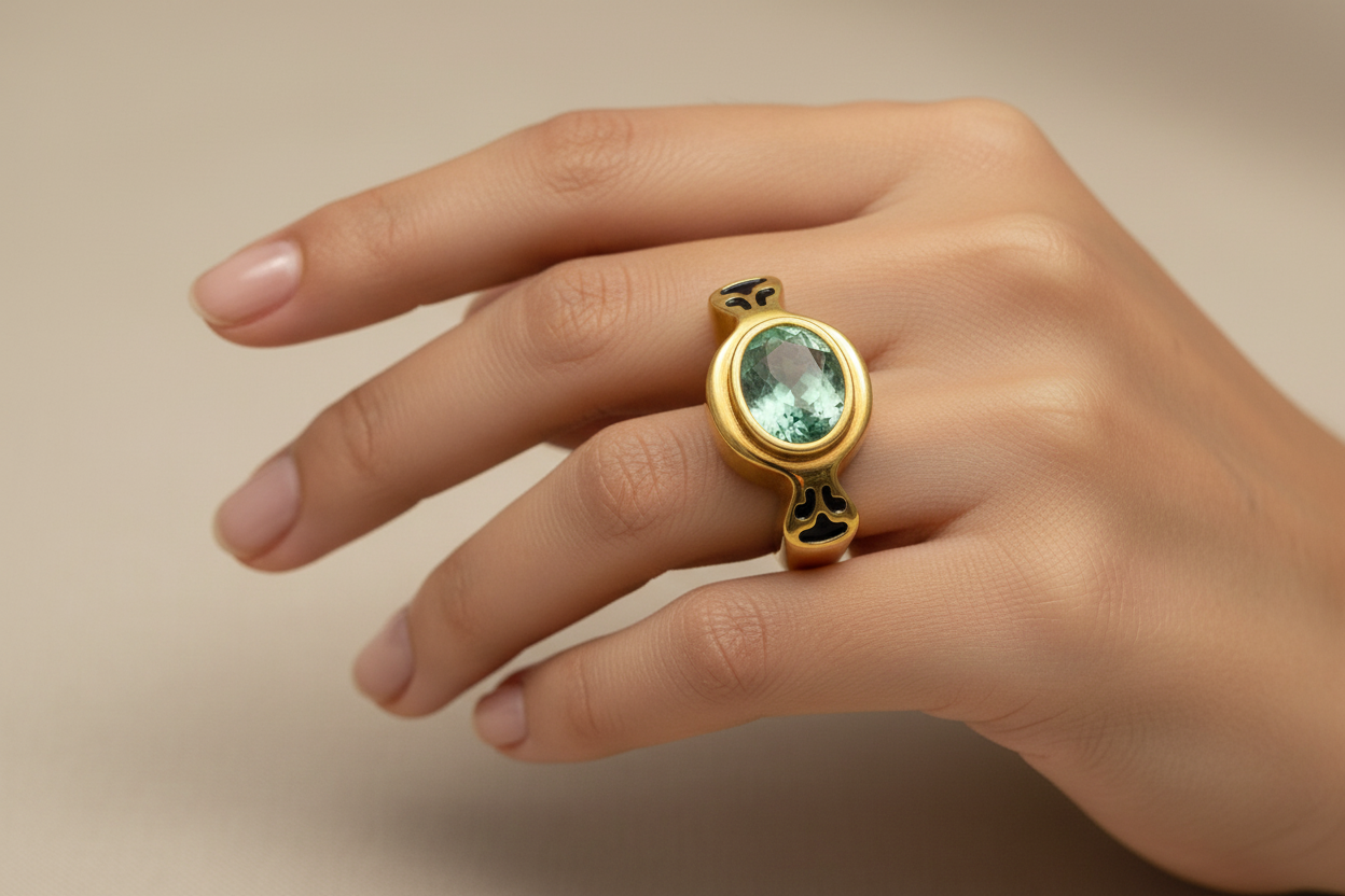 Gold ring with a green gemstone on a white background