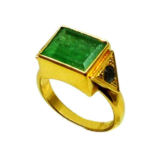 Ring in 18k Gold with Green Zambian Emerald 5 c. and Black Brilliants 0.40c. (B-69) - Dinos-Virginia