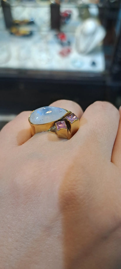 Ring in 18k Gold with Moonstone and Pink Tourmalines (B-38) - Dinos-Virginia