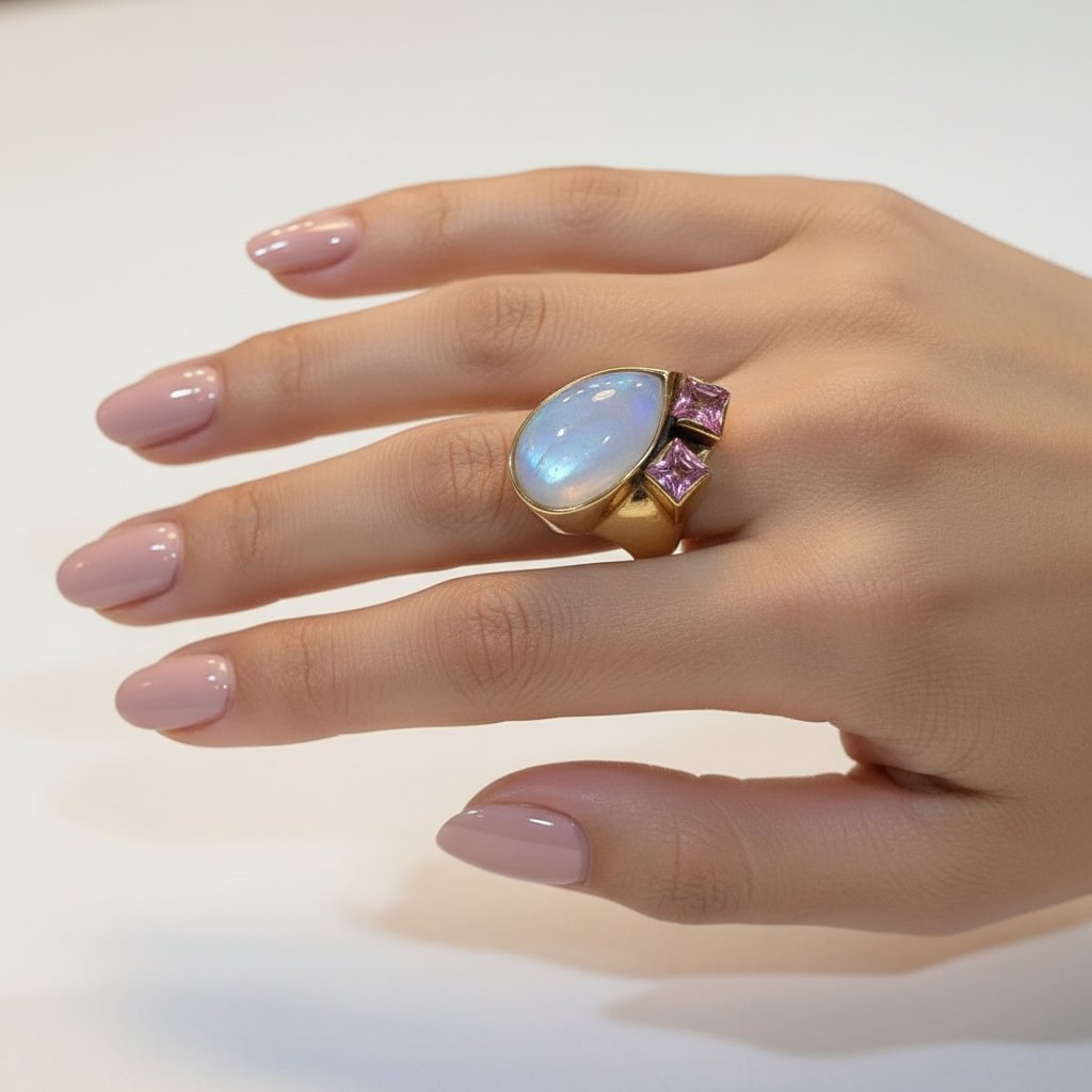 Ring in 18k Gold with Moonstone and Pink Tourmalines (B-38)