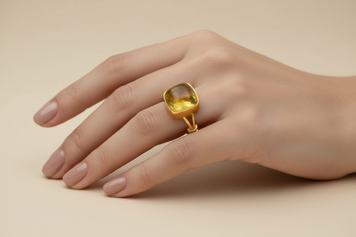 Hand wearing a gold ring with a yellow gemstone on a beige background