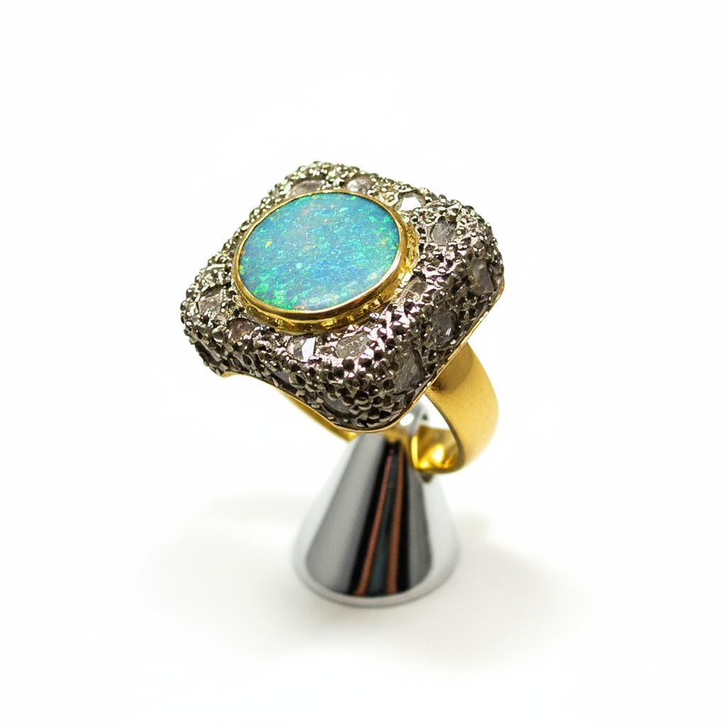 Ring in 18k Gold with an Australian bulder opal and diamonds chips (B-15)