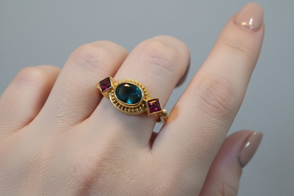 Ring in 18k Gold with green and red tourmalines (B-41)