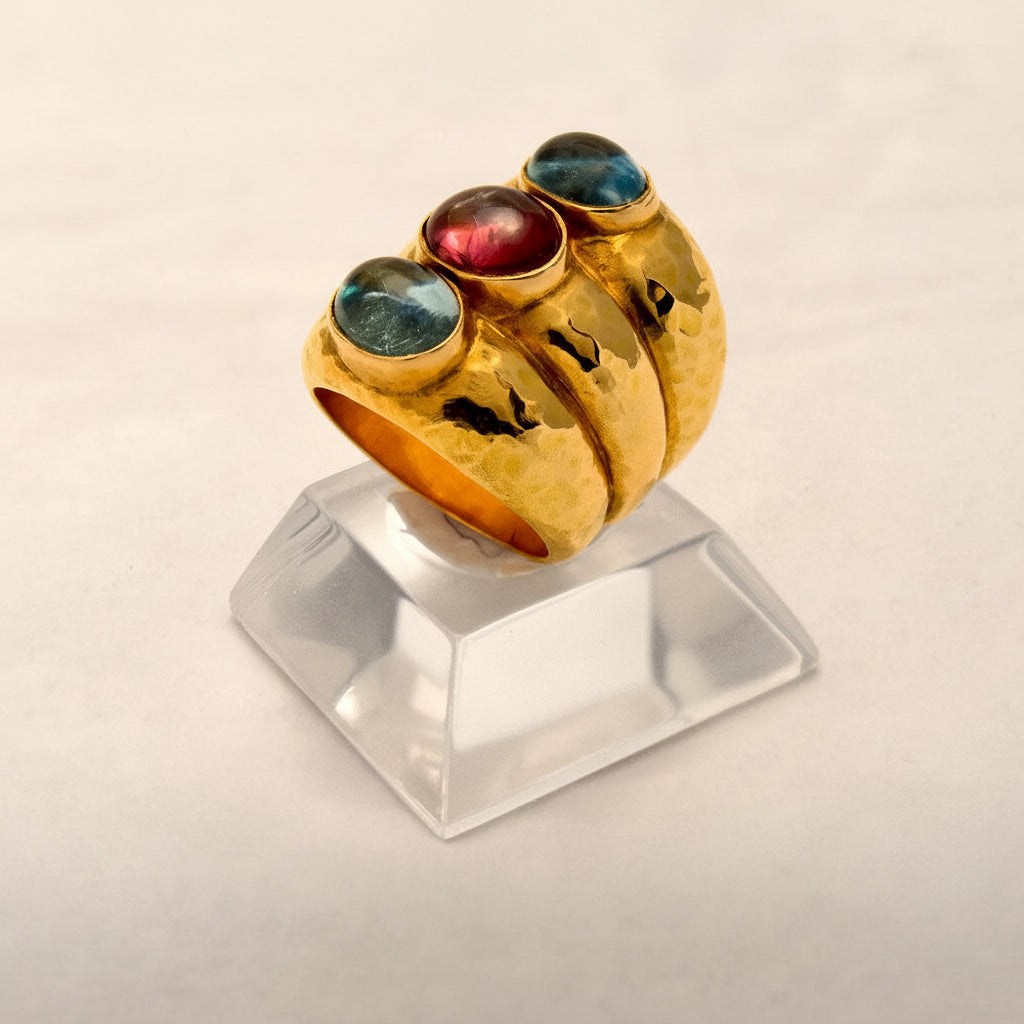 Ring in 18k Gold with red tourmaline & aqua marina (B-96)