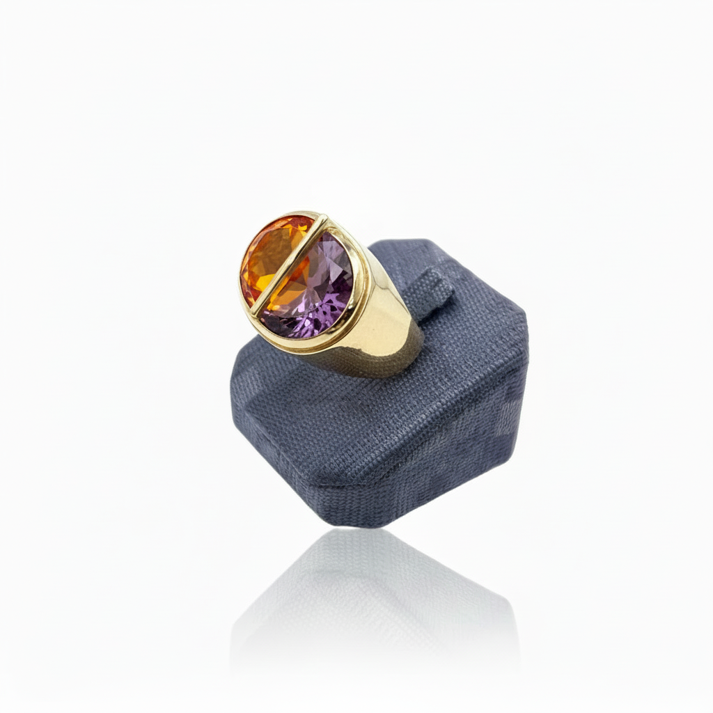 Gold ring with a multicolored gemstone on a gray stand against a white background