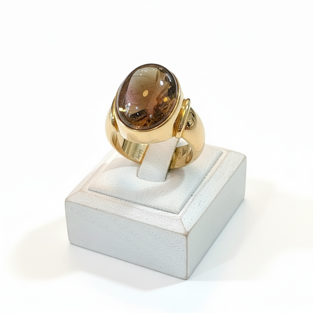 Ring in 18k gold with an oval cabochon green pink tourmaline, Fine Ring, Handmade Ring, Greek Jewelry (B-87A)