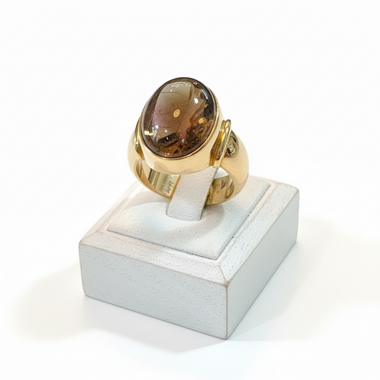 Ring in 18k gold with an oval cabochon green pink tourmaline, Fine Ring, Handmade Ring, Greek Jewelry (B-87A)