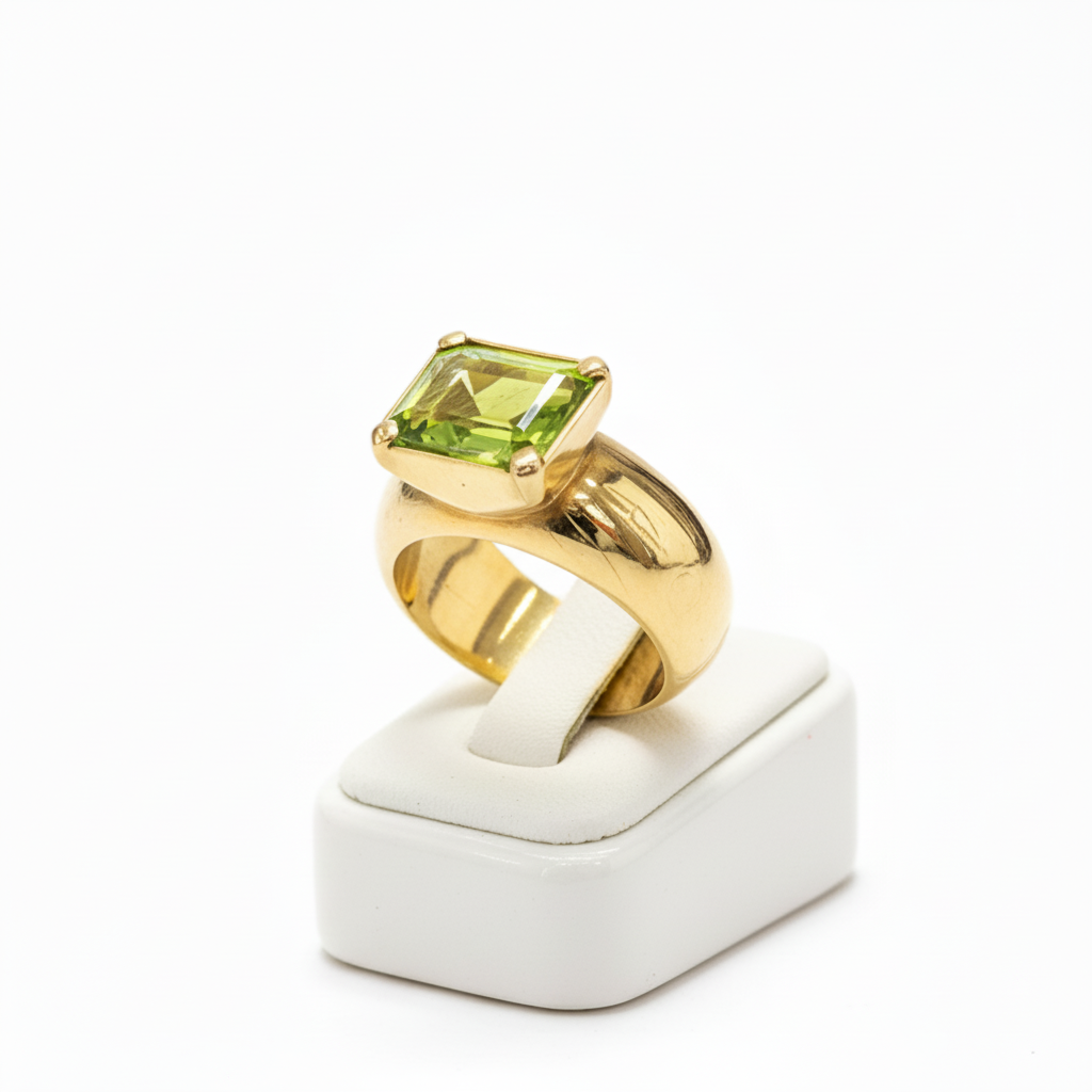 Gold ring with a green gemstone on a white stand against a white background