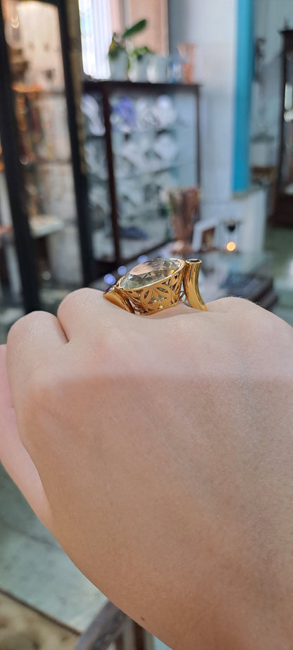Ring in 18k with Lemon Topaz and Rubies, perforated gold, one of a kind ring (B-128)