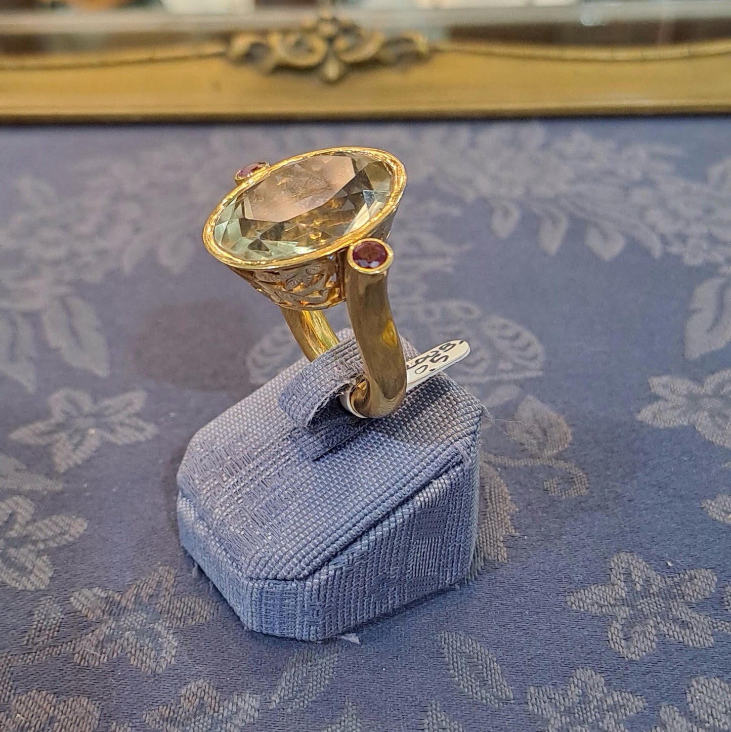 Ring in 18k with Lemon Topaz and Rubies, perforated gold, one of a kind ring (B-128)