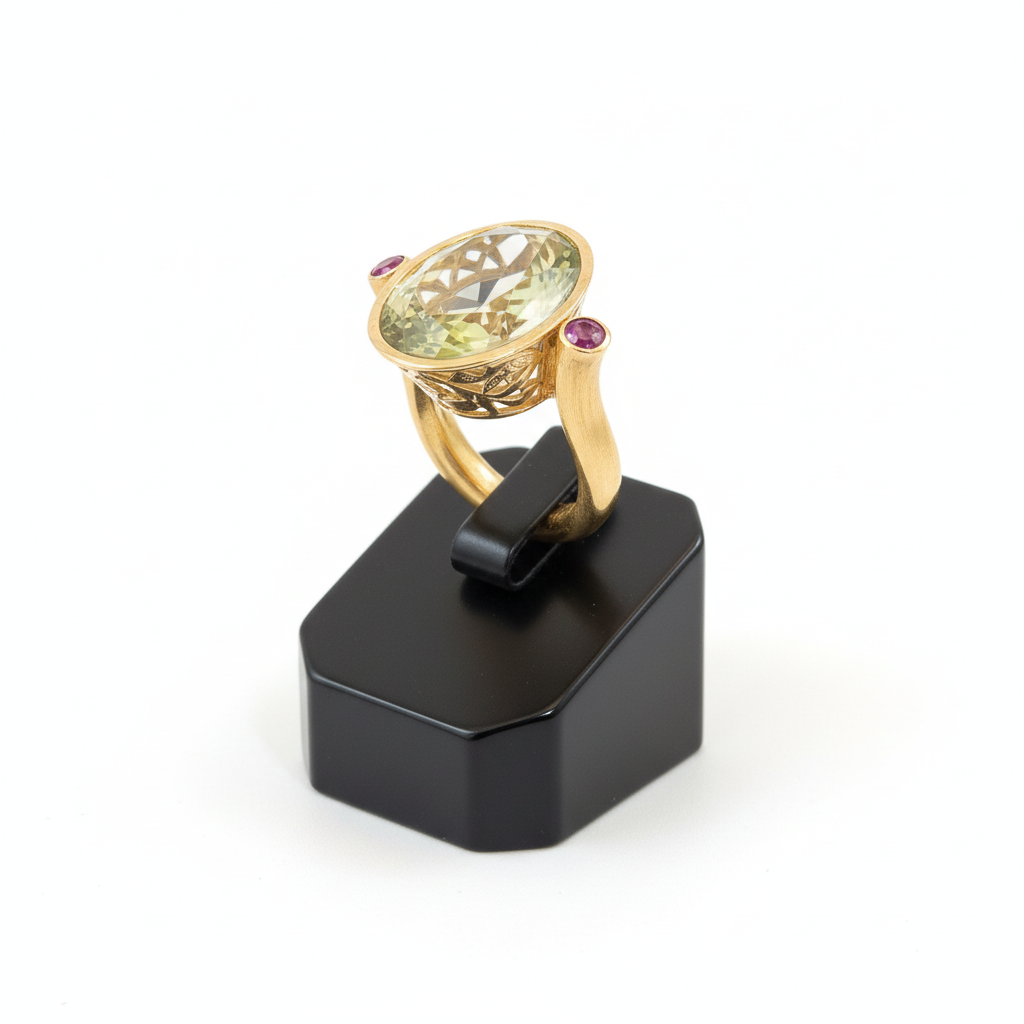 Ring in 18k with Lemon Topaz and Rubies, perforated gold, one of a kind ring (B-128)