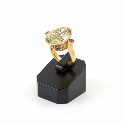 Ring in 18k with Lemon Topaz and Rubies, perforated gold, one of a kind ring (B-128)