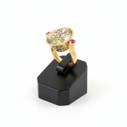Ring in 18k with Lemon Topaz and Rubies, perforated gold, one of a kind ring (B-128)