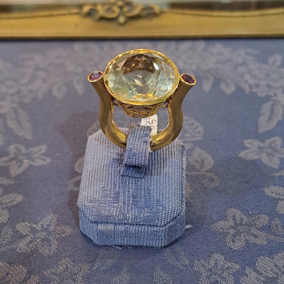 Ring in 18k with Lemon Topaz and Rubies, perforated gold, one of a kind ring (B-128)