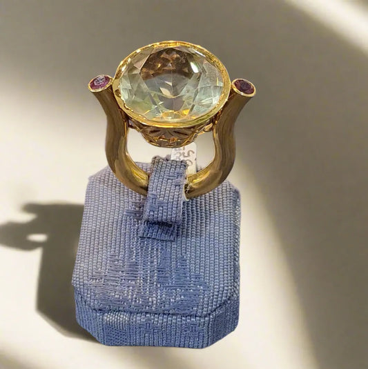 Ring in 18k with Lemon Topaz and Rubies, perforated gold, one of a kind ring (B-128)