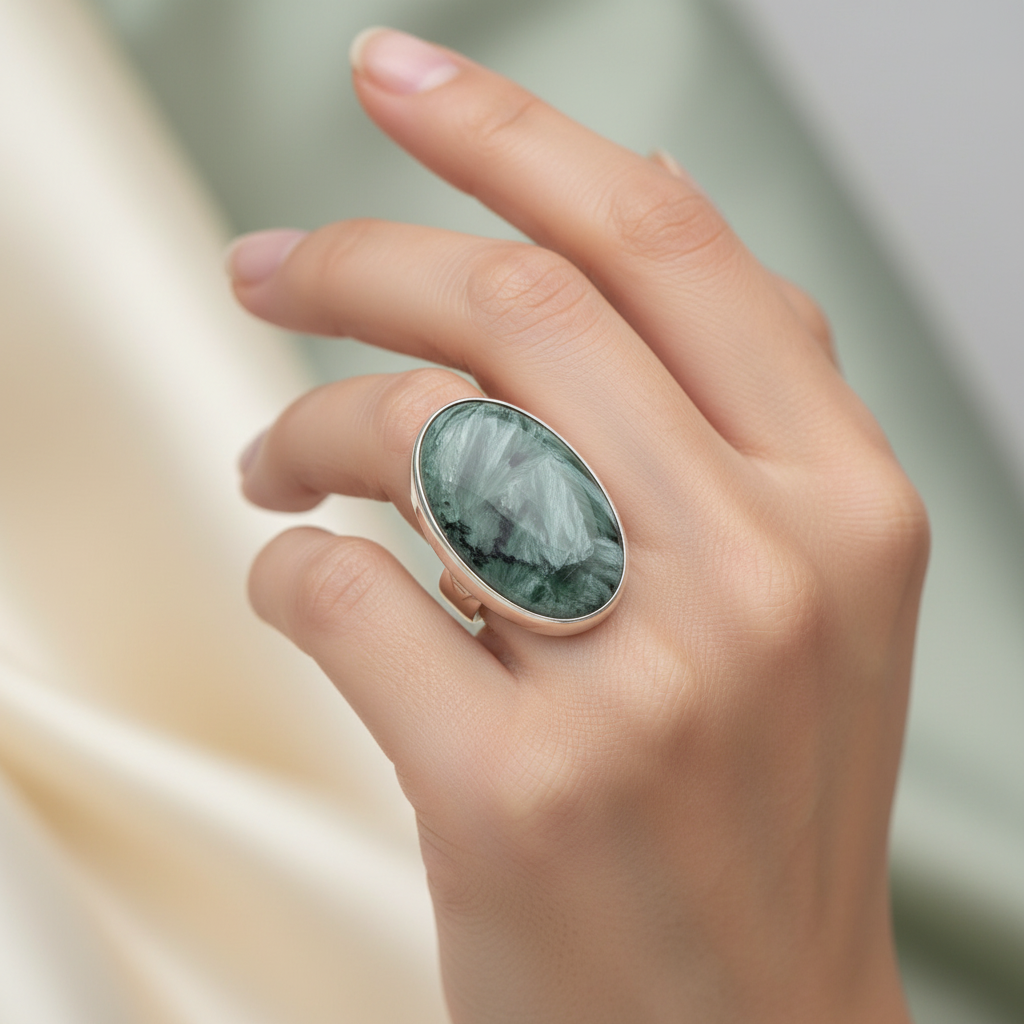 Hand wearing a ring with a green stone on a blurred background