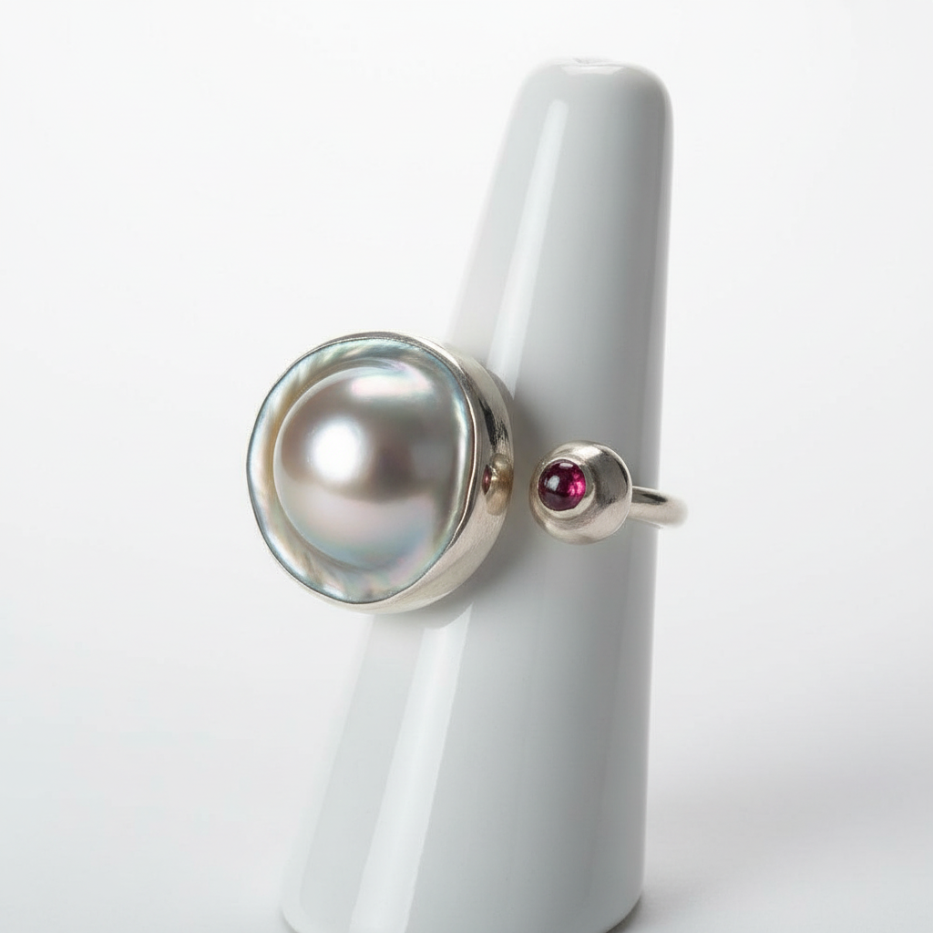 Silver ring with a large pearl and smaller red gemstone on a white stand.