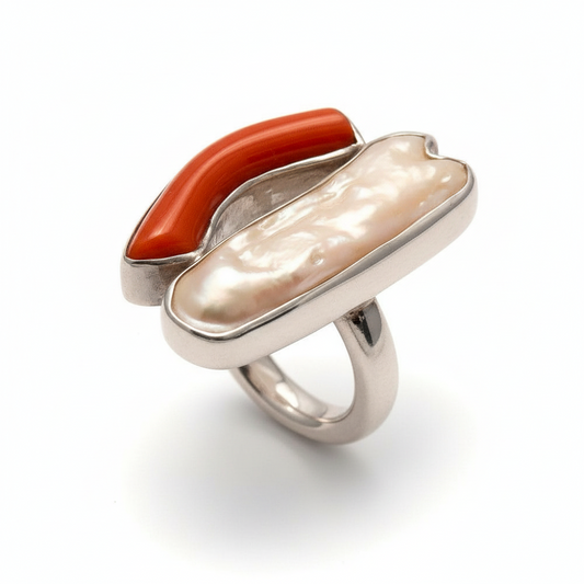 Δαχτυλίδι από ασήμι 925 με μαργαριτάρι μπαρόκ και κοράλι (B-71)