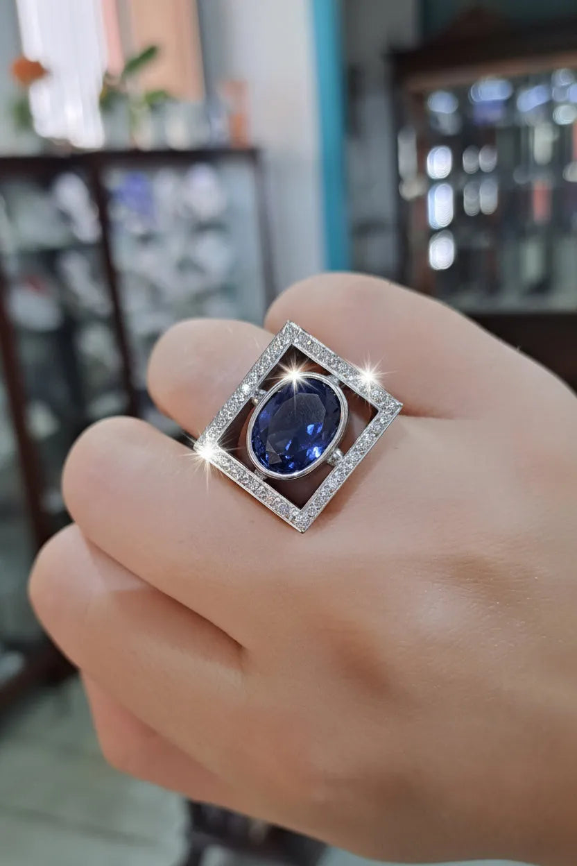 Ring in white gold 18K. with Iolite 9 c. and Brilliants 1.25c.(B-74)