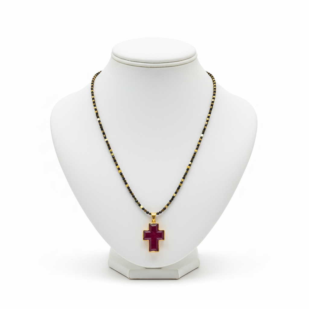 Ruby crystal cross 18k Gold with a 14k gold chain, one of a kind, Fine Cross Pendant, Handmade pendant, Greek Jewelry (PE-77)