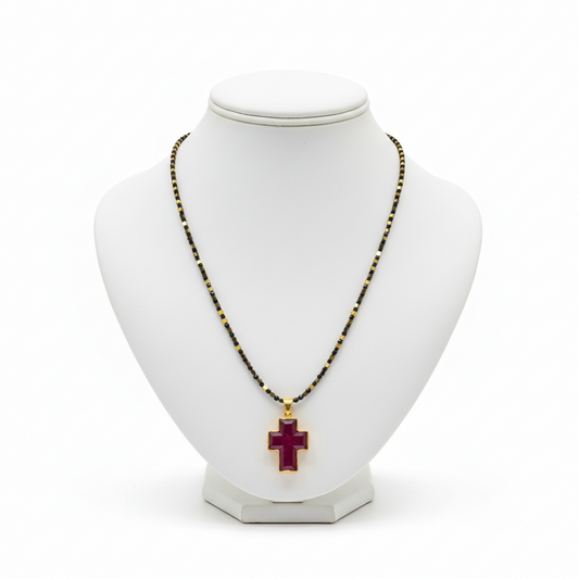 Ruby crystal cross 18k Gold with a 14k gold chain, one of a kind, Fine Cross Pendant, Handmade pendant, Greek Jewelry (PE-77)