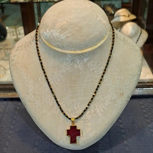 Ruby crystal cross 18k Gold with a 14k gold chain, one of a kind, Fine Cross Pendant, Handmade pendant, Greek Jewelry - Dinos-Virginia