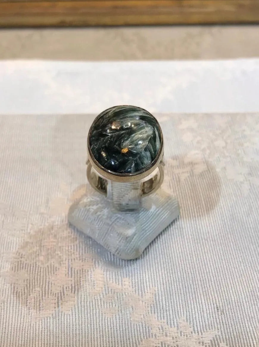 Silver ring with a moss agate oval stone, Sterling silver ring, Vintage Jewelry, Handmade ring, Greek Jewelry - Dinos-Virginia