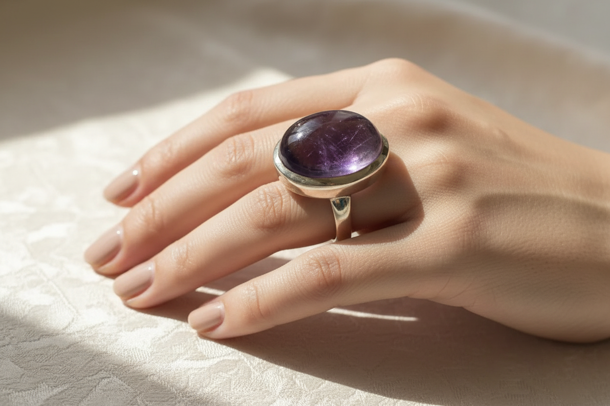 Silver ring with oval cabochon amethyst stone, Sterling silver ring, Vintage Jewelry, Handmade ring, Greek Jewelry (B-82)