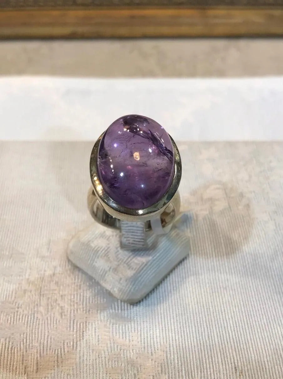 Silver ring with oval cabochon amethyst stone, Sterling silver ring, Vintage Jewelry, Handmade ring, Greek Jewelry - Dinos-Virginia