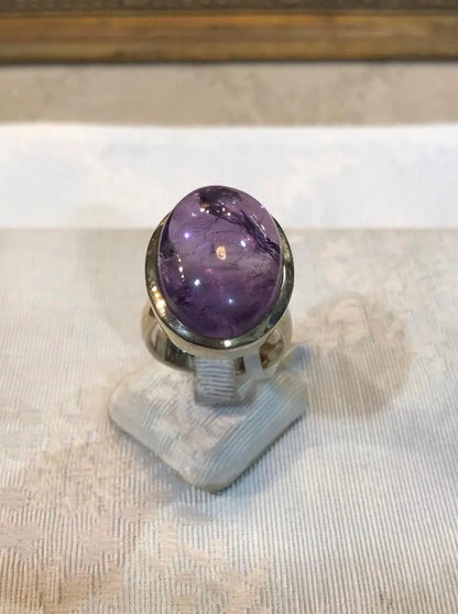 Silver ring with oval cabochon amethyst stone, Sterling silver ring, Vintage Jewelry, Handmade ring, Greek Jewelry - Dinos-Virginia
