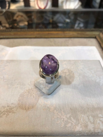 Silver ring with oval cabochon amethyst stone, Sterling silver ring, Vintage Jewelry, Handmade ring, Greek Jewelry - Dinos-Virginia