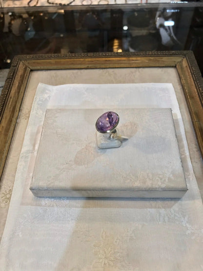 Silver ring with oval cabochon amethyst stone, Sterling silver ring, Vintage Jewelry, Handmade ring, Greek Jewelry - Dinos-Virginia