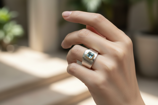 Sterling Silver Ring and Blue Topaz in 18 k. gold, Handmade Ring, Greek Jewelry, Handmade Ring, Greek Jewelry (B-104)
