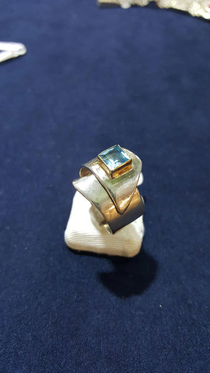 Sterling Silver Ring and Blue Topaz in 18 k. gold, Handmade Ring, Greek Jewelry, modern Ring, Handmade Ring, Greek Jewelry - Dinos-Virginia