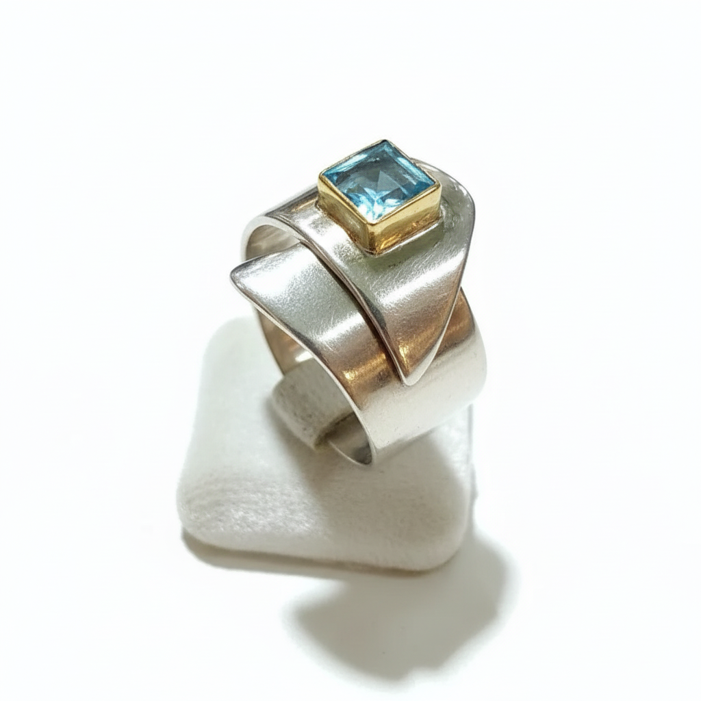 Sterling Silver Ring and Blue Topaz in 18 k. gold, Handmade Ring, Greek Jewelry, modern Ring, Handmade Ring, Greek Jewelry (B-103)