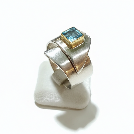 Sterling Silver Ring and Blue Topaz in 18 k. gold, Handmade Ring, Greek Jewelry, modern Ring, Handmade Ring, Greek Jewelry (B-103)