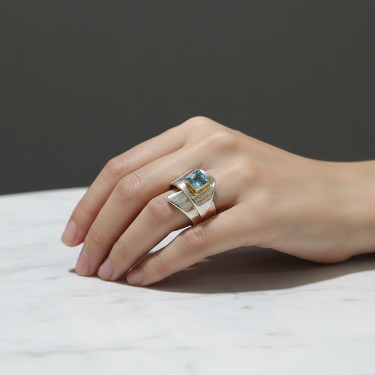Sterling Silver Ring and Blue Topaz in 18 k. gold, Handmade Ring, Greek Jewelry, modern Ring, Handmade Ring, Greek Jewelry (B-103)