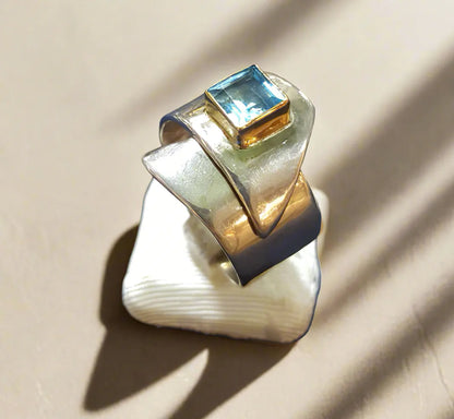 Sterling Silver Ring and Blue Topaz in 18 k. gold, Handmade Ring, Greek Jewelry, modern Ring, Handmade Ring, Greek Jewelry - Dinos-Virginia