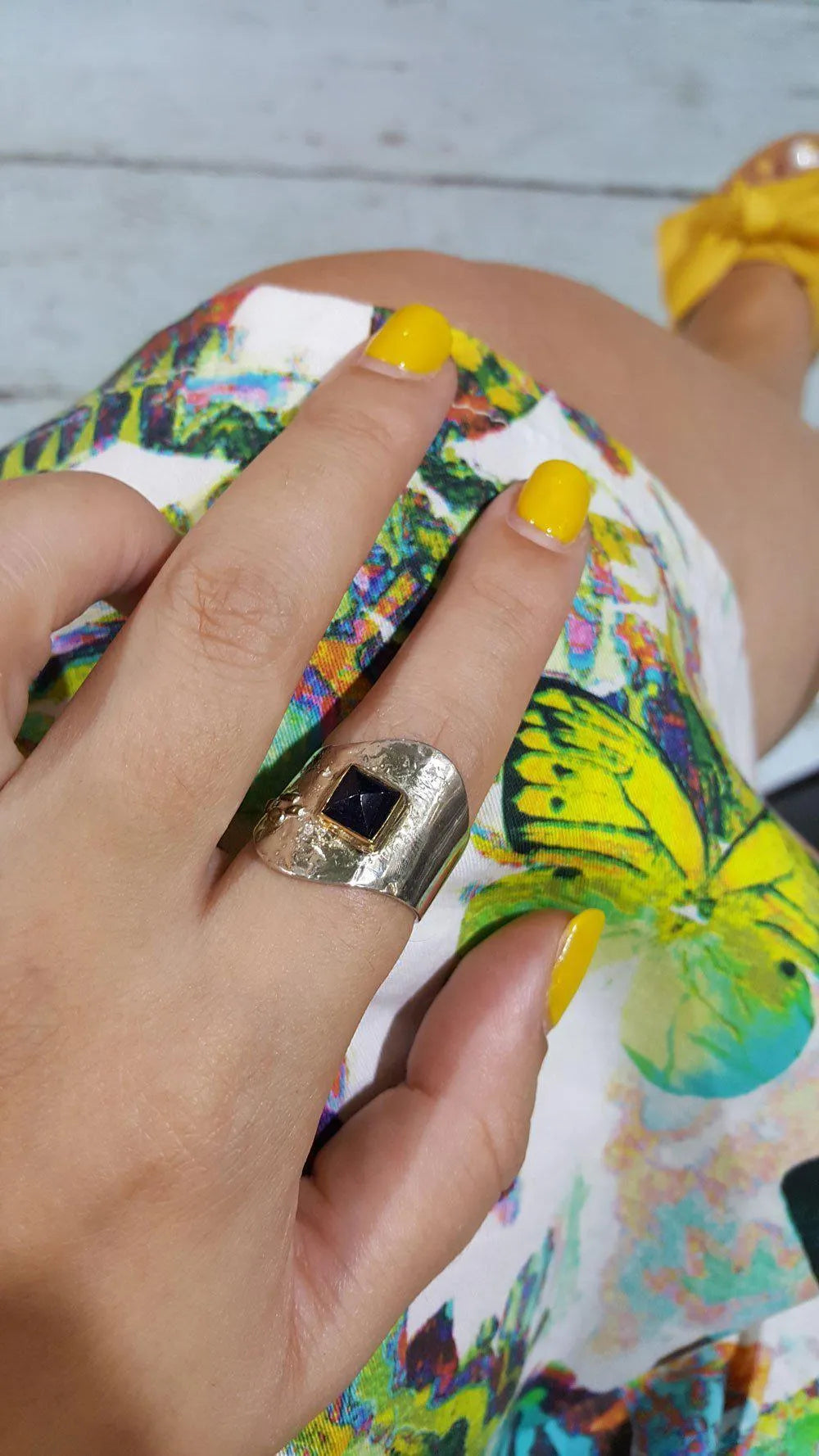 Sterling Silver Ring and Iolite Stone in 18 k. gold, modern Ring, Handmade Ring, Greek Jewelry - Dinos-Virginia