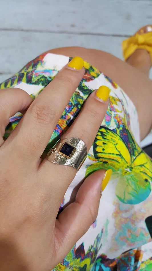 Sterling Silver Ring and Iolite Stone in 18 k. gold, modern Ring, Handmade Ring, Greek Jewelry - Dinos-Virginia