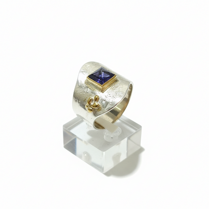 Gold ring with a purple gemstone on a clear stand against a white background